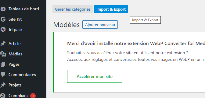 Sélectionner l'onglet Import & Export