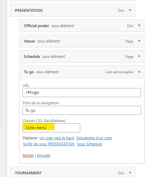 placer une class css dans le menu